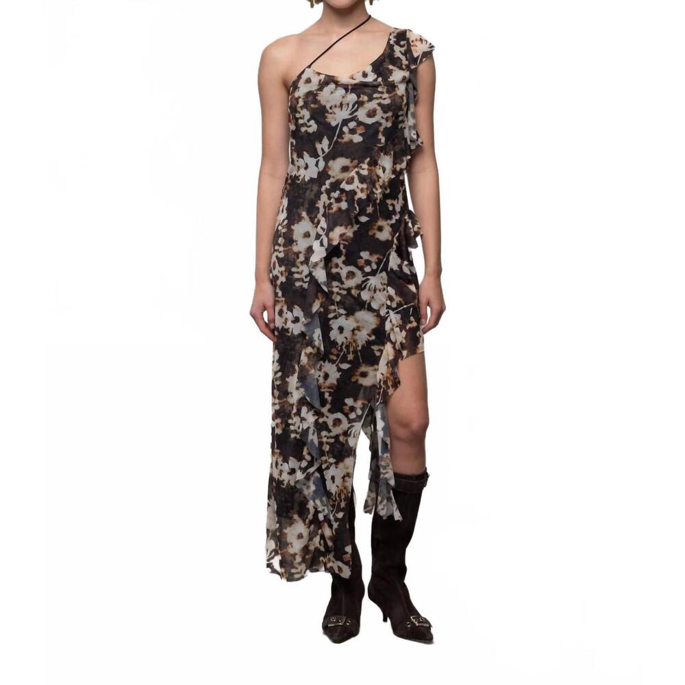 NEW ESTHE waterfall frill asymmetric dress in burnt blossom print